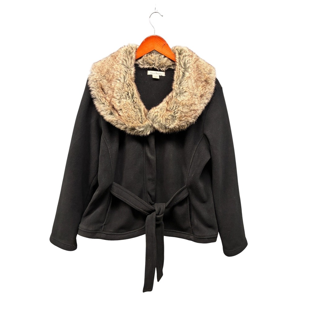 Susan Bristol Belted Jacket Faux Fur Collar Women's XL Black Winter Coat